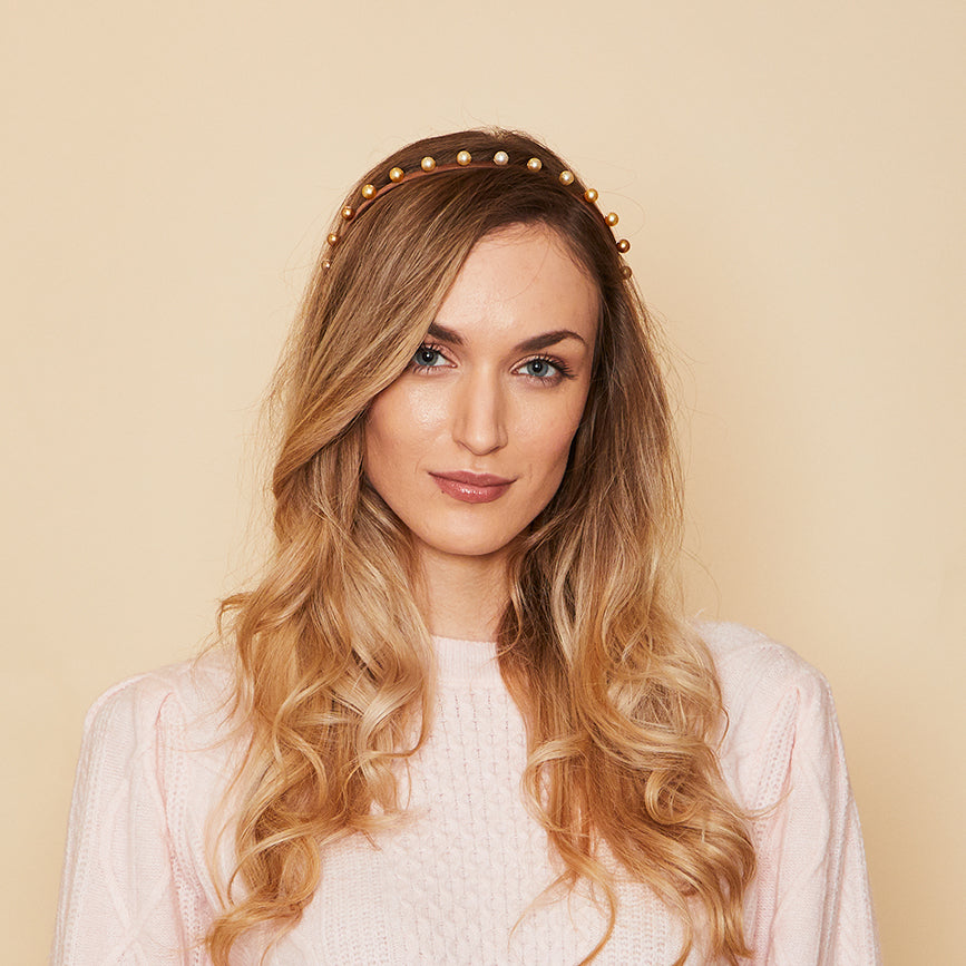 Eugenia Kim Tory with ombre pearls in chocolate front view on model