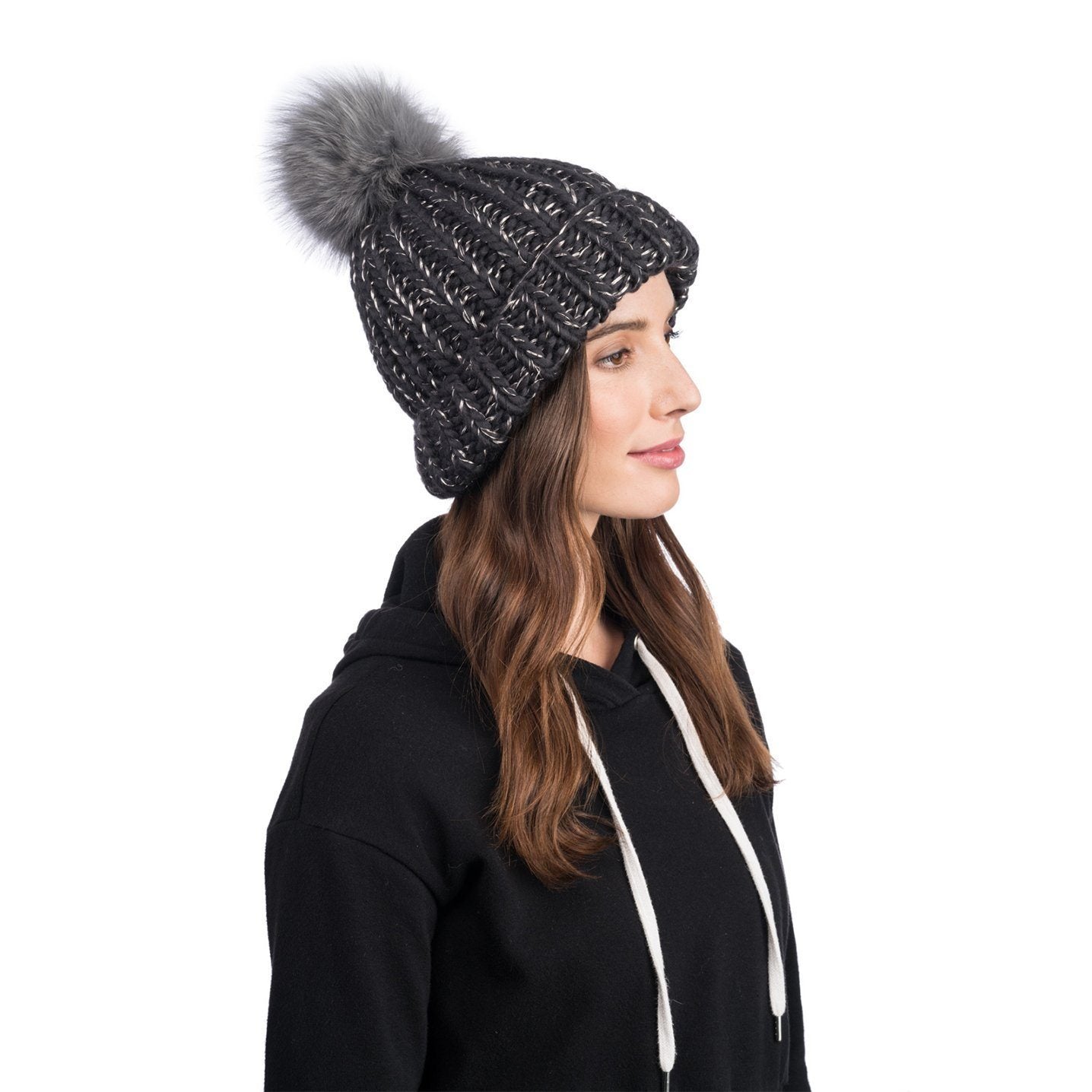 Rain Wool Hand-Knit Beanie in Charcoal with Faux Fur Pom
