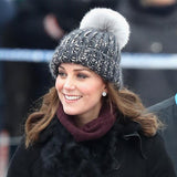 Rain Wool Hand-Knit Beanie in Charcoal with Faux Fur Pom