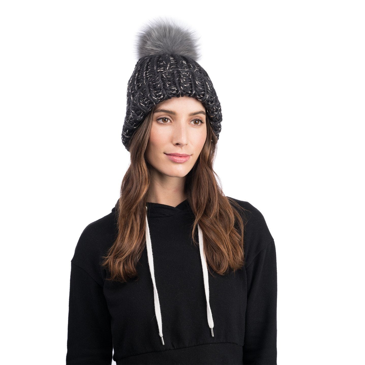 Rain Wool Hand-Knit Beanie in Charcoal with Faux Fur Pom